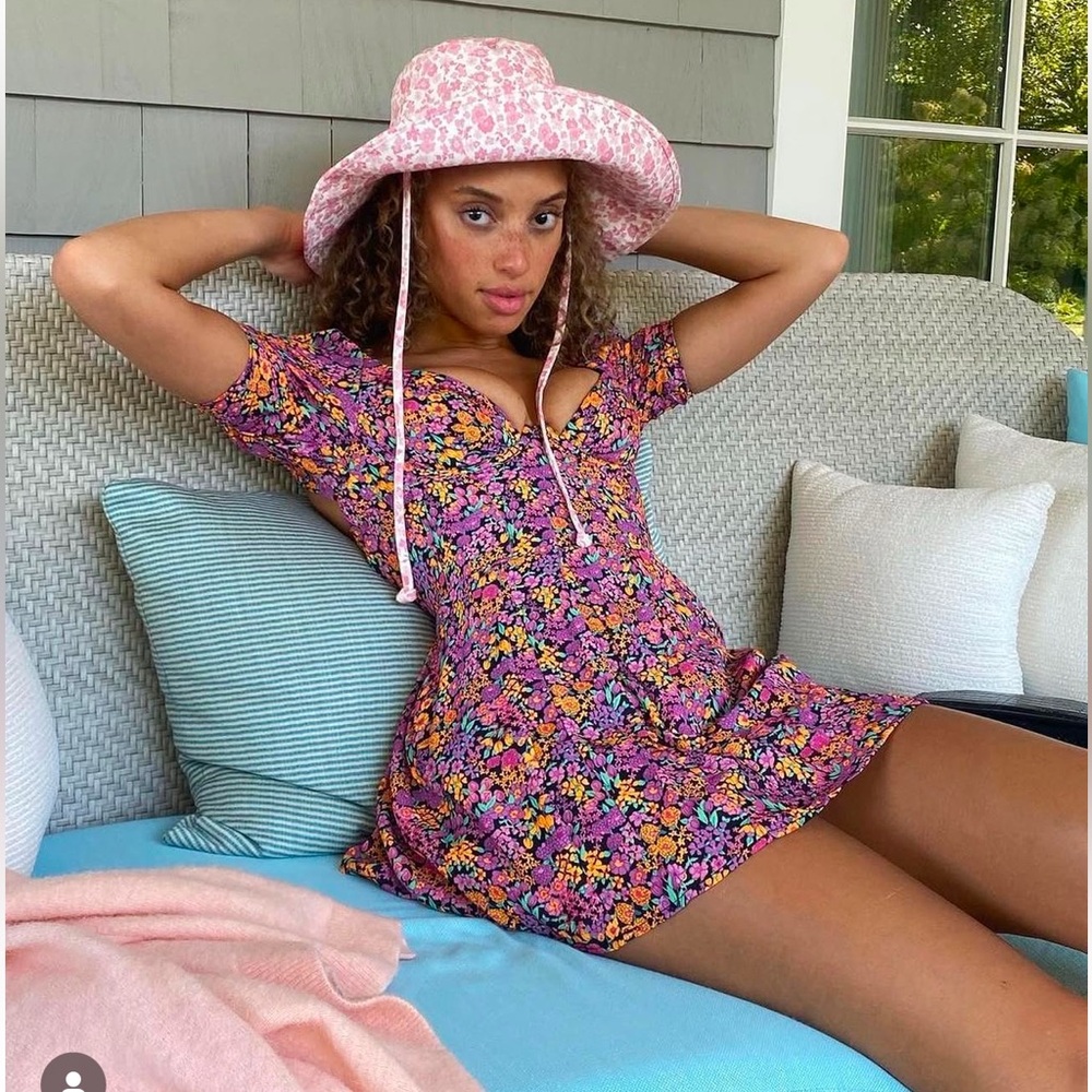 For Love & Lemons Pink Claude Mini Dress NWOT Small Neon Floral Vintage Inspo